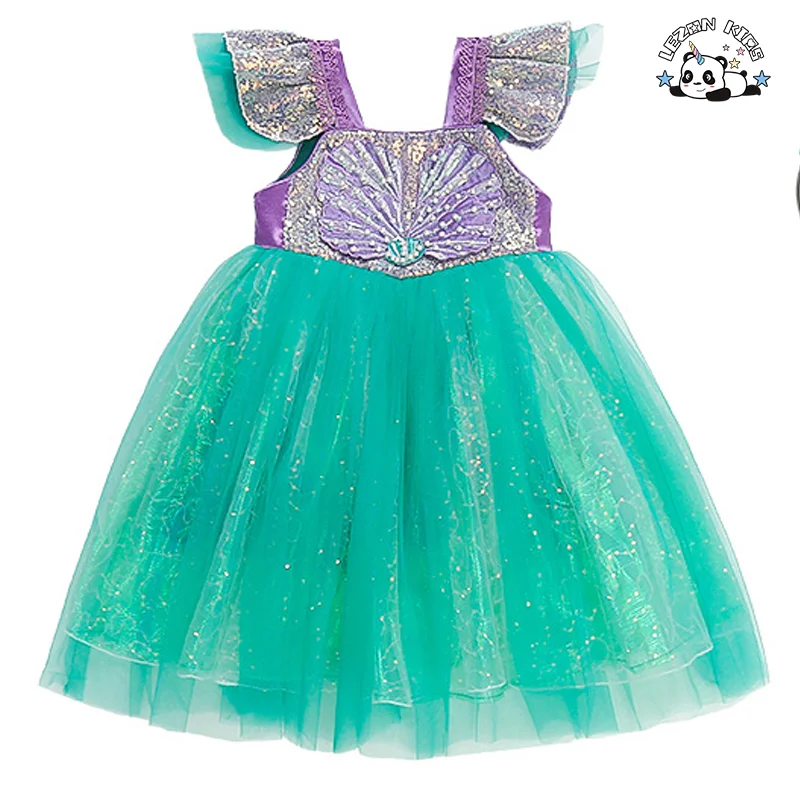 LEZONKIDS - High Quality Wholesale Sequin Mesh Dress Small Flying Sleeves Luminous Birthday Girls Dress